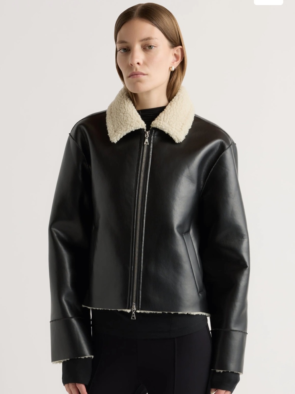 NWT Modern Citizen Black Faux Leather Jacket with Cream Shearling Collar Large